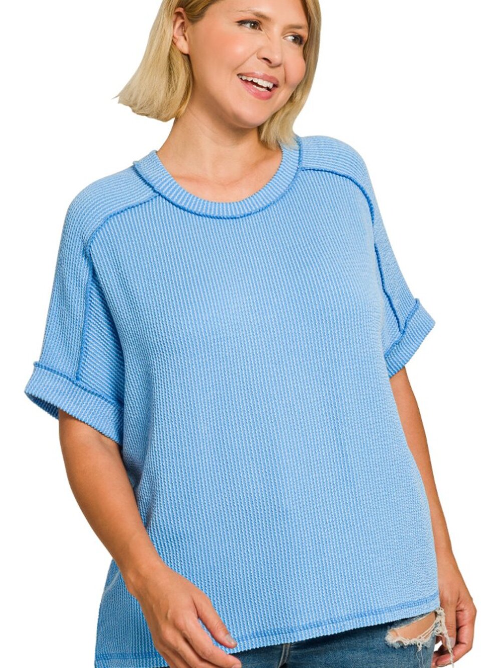 Zenana Plus Size raised rib cuff sleeve raw edge top Size 1X/2X Sky Blue